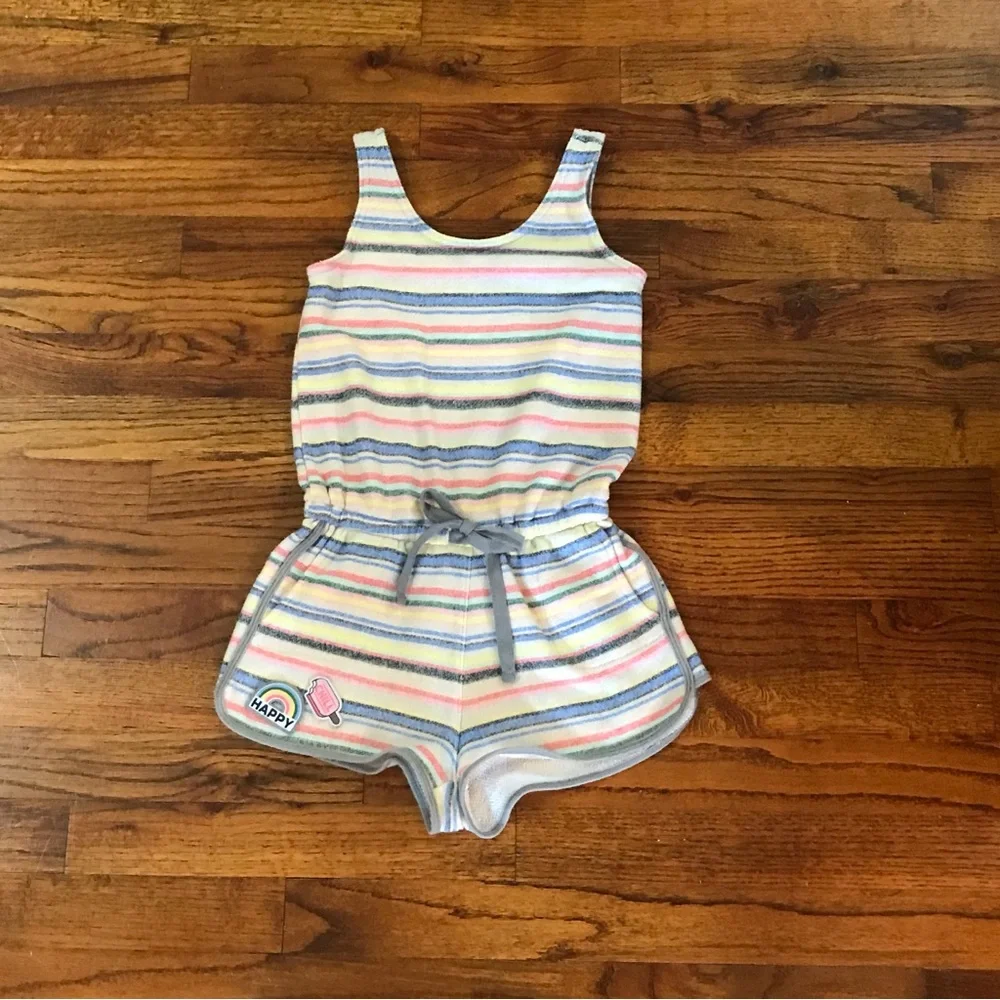 Justice 1 Pc Multicolor Stripe Shorts Romper Happy Rainbow Chill Ice Cream Pocke